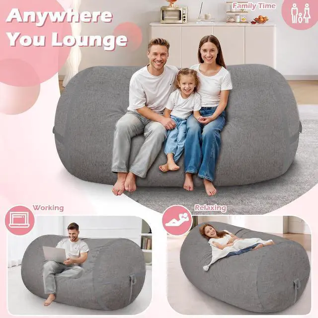 Alt view image 4 of 6 - 6FT Bean Bag Chair,Giant BeanBag Chairs with Memory Foam Filled, Ultra-Soft Velvet with Portable Handle & Removable Cover, Comfy Bean Bag Sofa for Living Room, No Assembly - Dark Grey