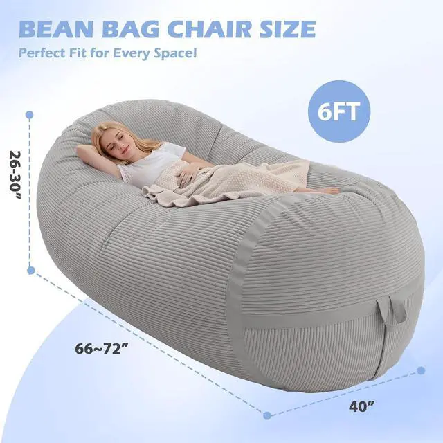 Alt view image 2 of 6 - Bean Bag Chair, 6FT Giant Bean Bag Chair with Memory Foam, Ultra-Soft Corduroy Cover & Zipper Design, Portable Handle Comfy Bean Bag Sofa for Living Room, Bedroom, No Assembly - Light Grey
