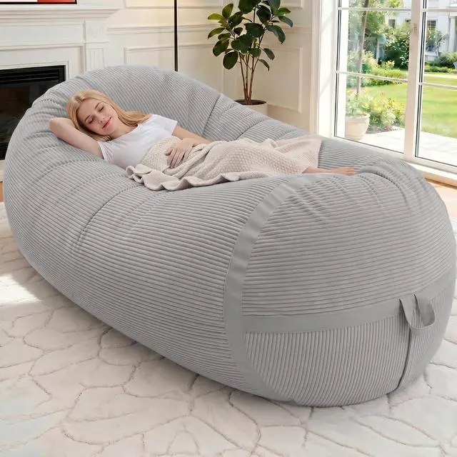 Main image of Bean Bag Chair, 6FT Giant Bean Bag Chair with Memory Foam, Ultra-Soft Corduroy Cover & Zipper Design, Portable Handle Comfy Bean Bag Sofa for Living Room, Bedroom, No Assembly - Light Grey