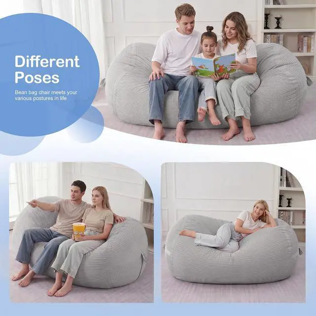 Alt view image 4 of 6 - Bean Bag Chair, 6FT Giant Bean Bag Chair with Memory Foam, Ultra-Soft Corduroy Cover & Zipper Design, Portable Handle Comfy Bean Bag Sofa for Living Room, Bedroom, No Assembly - Light Grey