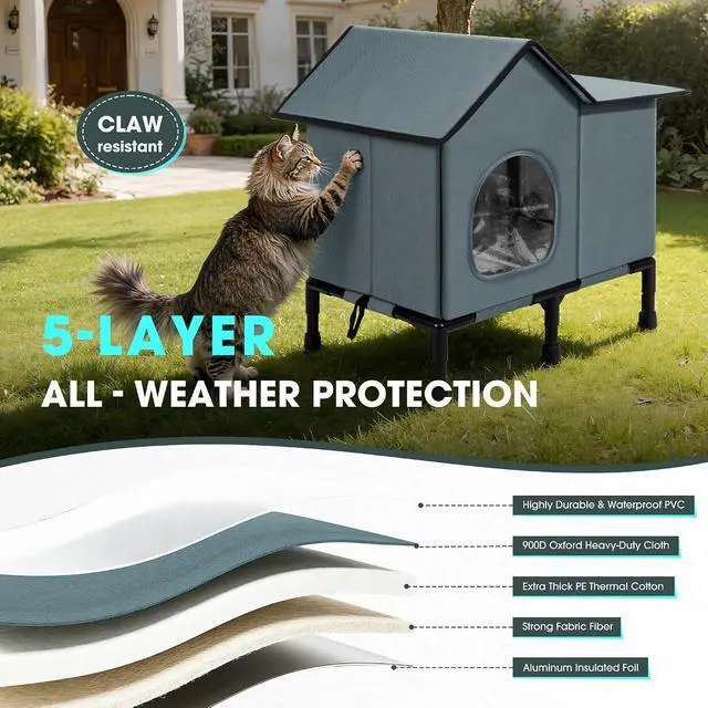 Alt view image 3 of 7 - Weatherproof Heated Cat House for Outside with Heating Pad, Elevated Feet Outdoor Cat House, Expanded Canopy Warm Cats Shelter, Heating Pet Beds for Feral or Stray Cats in Winter (Warm Grey, Unheated)