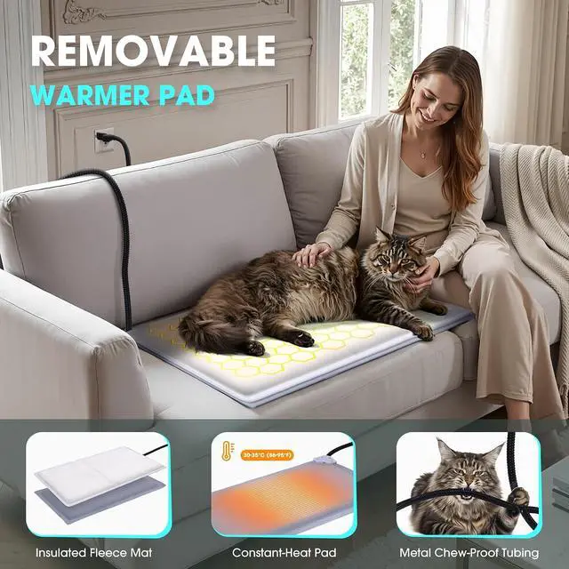Alt view image 2 of 7 - Weatherproof Heated Cat House for Outside with Heating Pad, Elevated Feet Outdoor Cat House, Expanded Canopy Warm Cats Shelter, Heating Pet Beds for Feral or Stray Cats in Winter (Warm Grey, Heated)