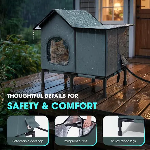 Alt view image 5 of 7 - Weatherproof Heated Cat House for Outside with Heating Pad, Elevated Feet Outdoor Cat House, Expanded Canopy Warm Cats Shelter, Heating Pet Beds for Feral or Stray Cats in Winter (Warm Grey, Heated)