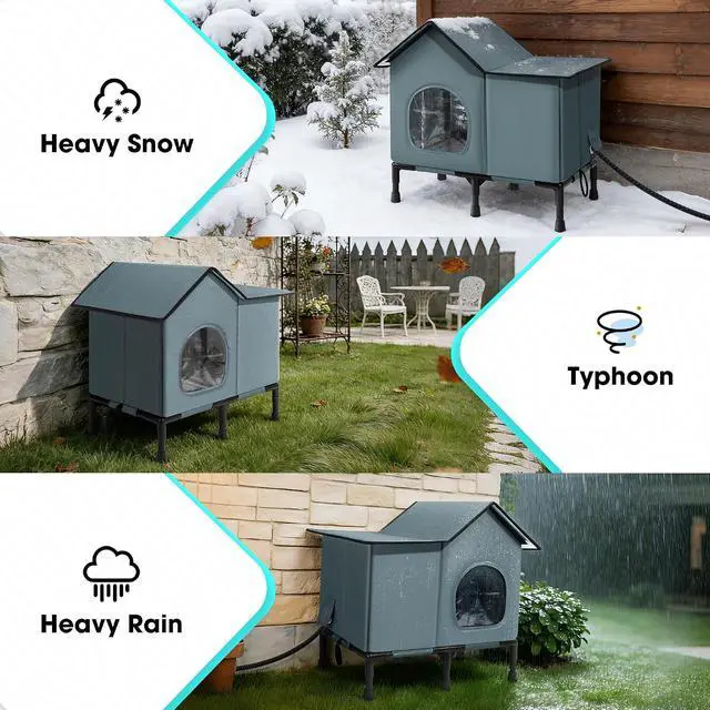 Alt view image 6 of 7 - Weatherproof Heated Cat House for Outside with Heating Pad, Elevated Feet Outdoor Cat House, Expanded Canopy Warm Cats Shelter, Heating Pet Beds for Feral or Stray Cats in Winter (Warm Grey, Heated)