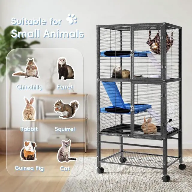 Alt view image 3 of 7 - 55''H Large Metal Rolling Ferrets Cage, Cage for Rats/Chinchillas, 0.5'' Bar Spacing for Ferret,Small Animal Cage w/Removable Ramp & Platform