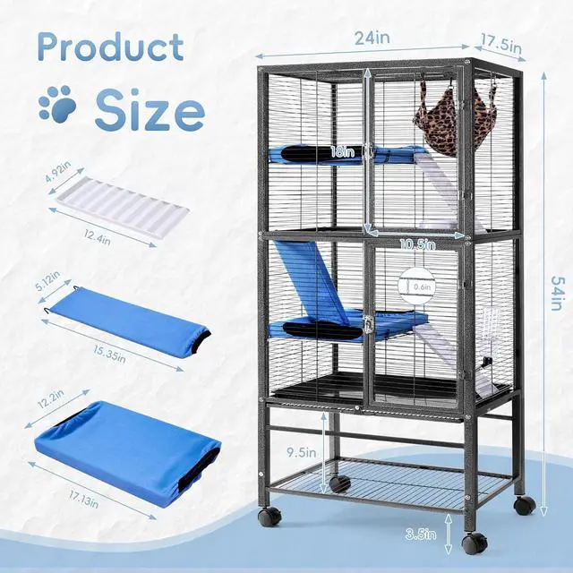 Alt view image 2 of 7 - 55''H Large Metal Rolling Ferrets Cage, Cage for Rats/Chinchillas, 0.5'' Bar Spacing for Ferret,Small Animal Cage w/Removable Ramp & Platform