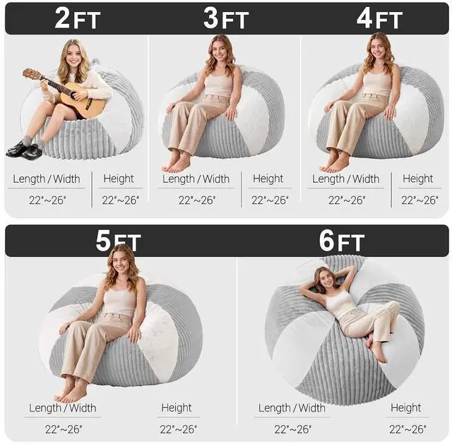 Alt view image 2 of 7 - 4FT Bean Bag Chairs Teardrop Bean Bag Chairs for Adults Beanbag Chair with Memory Foam Filled Soft Plush Leaf alongside Stripe Faux Fur Washable Cover for Dorm, Bedroom(Plush LGY/WH)