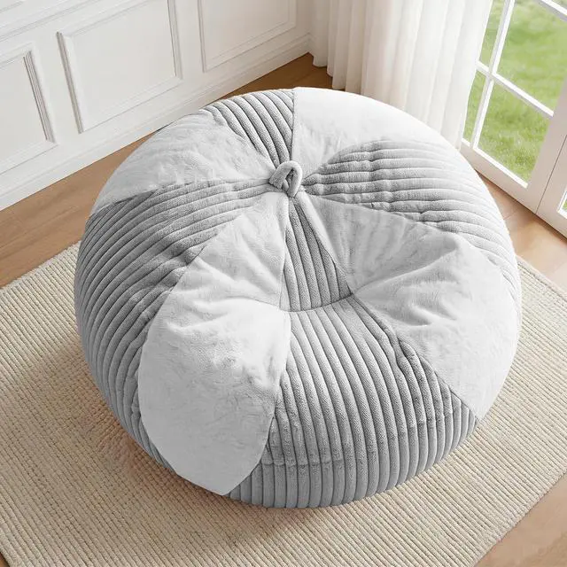 Alt view image 3 of 7 - 6FT Bean Bag Chairs Teardrop Bean Bag Chairs for Adults Beanbag Chair with Memory Foam Filled Soft Plush Leaf alongside Stripe Faux Fur Washable Cover for Dorm, Bedroom(Plush LGY/WH)