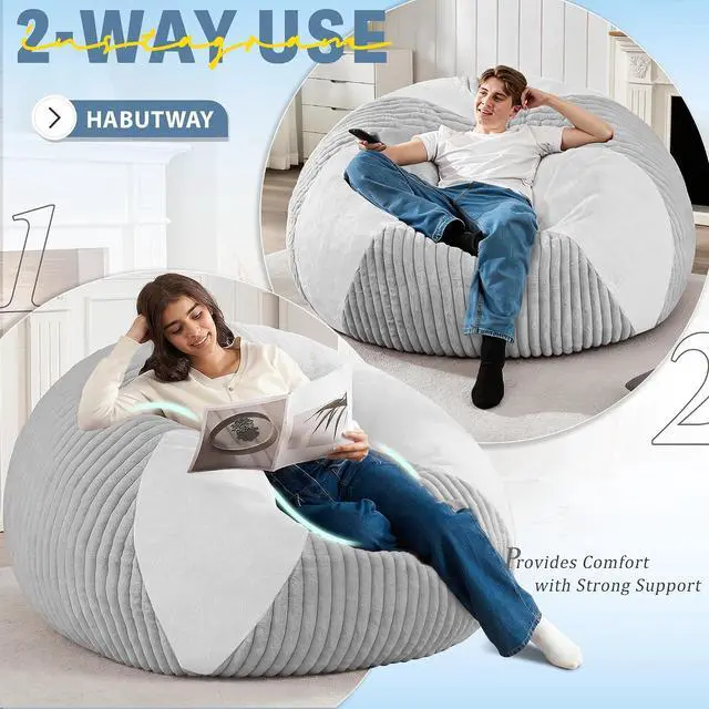 Alt view image 4 of 7 - 6FT Bean Bag Chairs Teardrop Bean Bag Chairs for Adults Beanbag Chair with Memory Foam Filled Soft Plush Leaf alongside Stripe Faux Fur Washable Cover for Dorm, Bedroom(Plush LGY/WH)