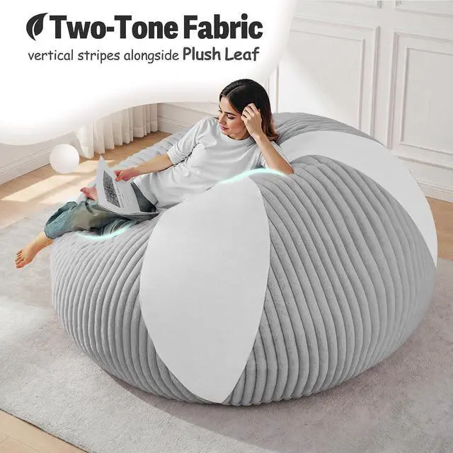 Alt view image 5 of 7 - 6FT Bean Bag Chairs Teardrop Bean Bag Chairs for Adults Beanbag Chair with Memory Foam Filled Soft Plush Leaf alongside Stripe Faux Fur Washable Cover for Dorm, Bedroom(Plush LGY/WH)