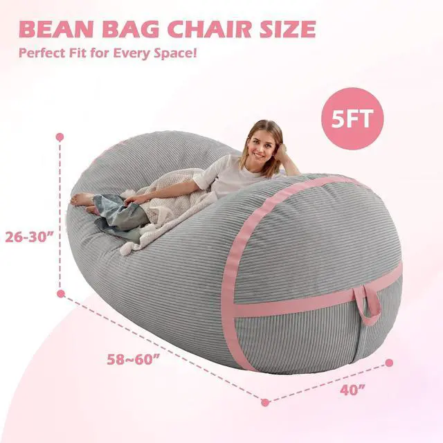 Alt view image 2 of 6 - Bean Bag Chair, 5FT Giant Bean Bag Chair with Memory Foam, Ultra-Soft Corduroy Cover & Zipper Design, Portable Handle Comfy Bean Bag Sofa for Living Room, No Assembly - Light Grey & Pink