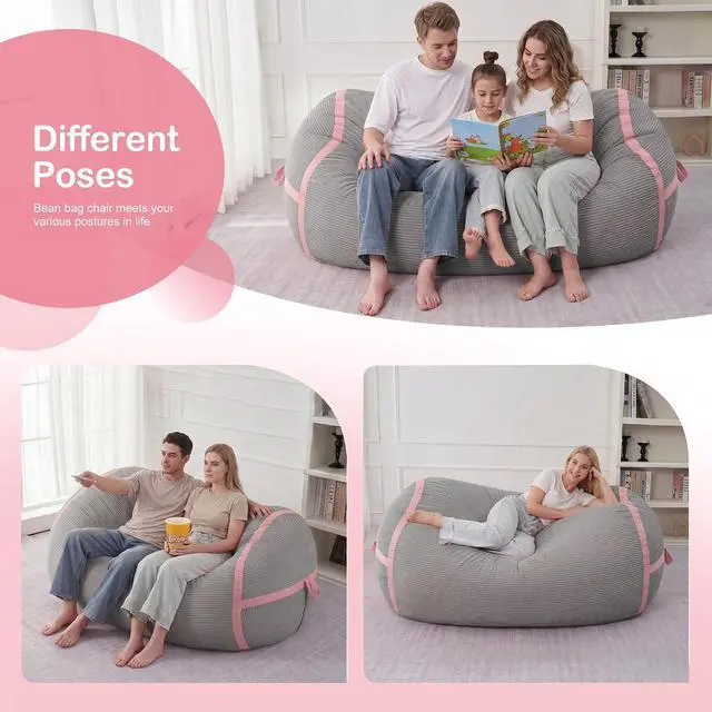 Alt view image 4 of 6 - Bean Bag Chair, 5FT Giant Bean Bag Chair with Memory Foam, Ultra-Soft Corduroy Cover & Zipper Design, Portable Handle Comfy Bean Bag Sofa for Living Room, No Assembly - Light Grey & Pink