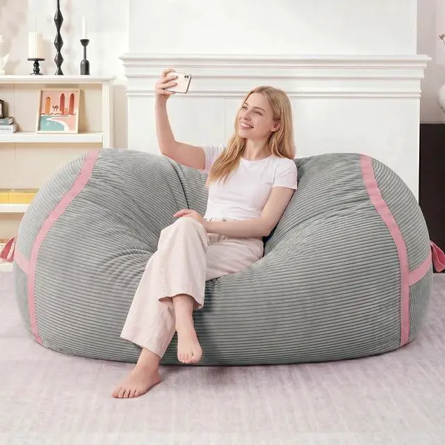 Alt view image 3 of 6 - Bean Bag Chair, 5FT Giant Bean Bag Chair with Memory Foam, Ultra-Soft Corduroy Cover & Zipper Design, Portable Handle Comfy Bean Bag Sofa for Living Room, No Assembly - Light Grey & Pink