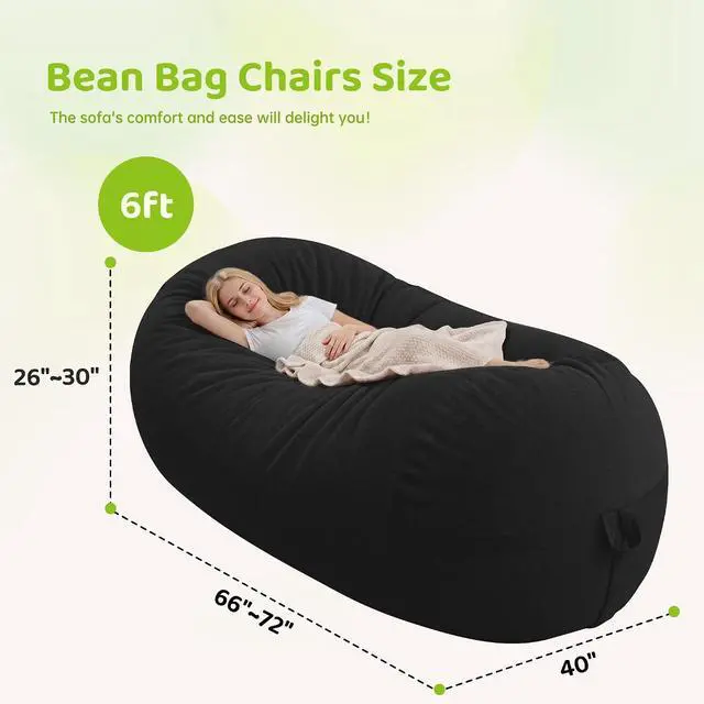 Alt view image 2 of 6 - Bean Bag Chair, 6FT Large Bean Bag Chair with Removable Cover, Comfy Beanbag Chair with Memory Foam Filling, Bean Bag Sofa for Living Room Bedroom Reading Room, Black