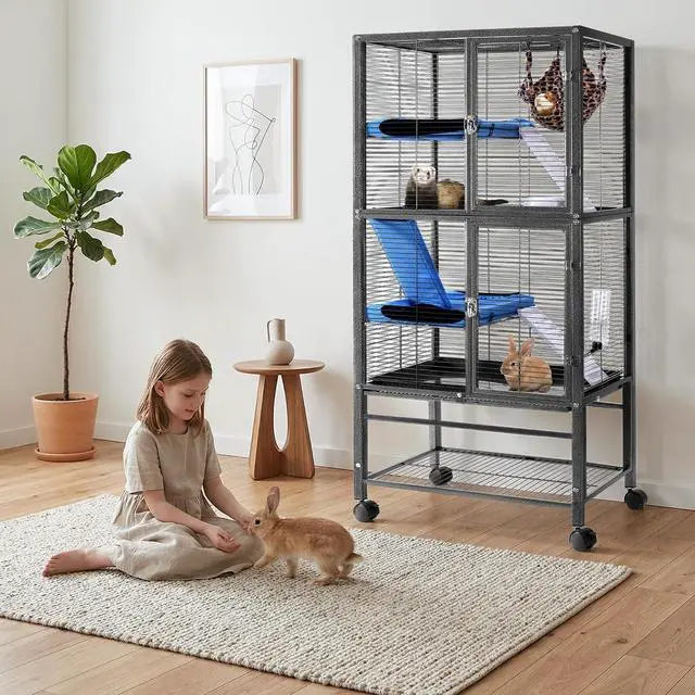 Alt view image 5 of 7 - 55''H Large Metal Rolling Ferrets Cage, Cage for Rats/Chinchillas, 0.5'' Bar Spacing for Ferret,Small Animal Cage w/Removable Ramp & Platform