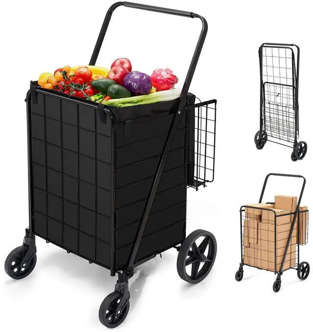 Main image of Grocery Cart on Wheels with Removable Liner, Folding Shopping Cart,Heavy Duty Shopping Carts for Groceries,360° Rolling Laundry Cart,Lightweight Trolley for Seniors 220lb Capacity Black