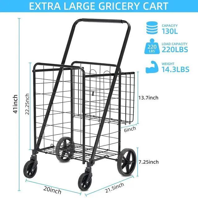 Alt view image 2 of 6 - Grocery Cart on Wheels with Removable Liner, Folding Shopping Cart,Heavy Duty Shopping Carts for Groceries,360° Rolling Laundry Cart,Lightweight Trolley for Seniors 220lb Capacity Black