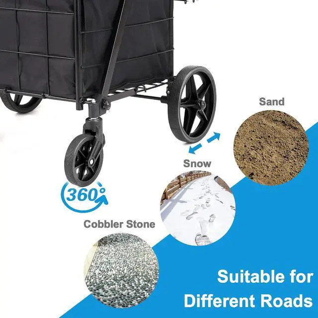 Alt view image 4 of 6 - Grocery Cart on Wheels with Removable Liner, Folding Shopping Cart,Heavy Duty Shopping Carts for Groceries,360° Rolling Laundry Cart,Lightweight Trolley for Seniors 220lb Capacity Black