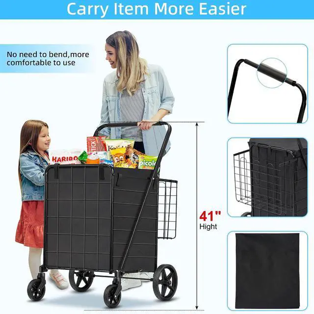 Alt view image 3 of 6 - Grocery Cart on Wheels with Removable Liner, Folding Shopping Cart,Heavy Duty Shopping Carts for Groceries,360° Rolling Laundry Cart,Lightweight Trolley for Seniors 220lb Capacity Black