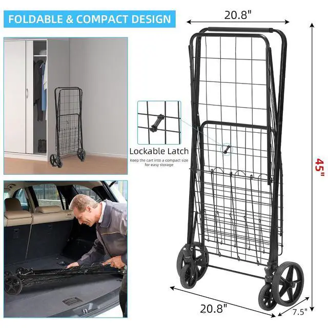 Alt view image 5 of 6 - Grocery Cart on Wheels with Removable Liner, Folding Shopping Cart,Heavy Duty Shopping Carts for Groceries,360° Rolling Laundry Cart,Lightweight Trolley for Seniors 220lb Capacity Black