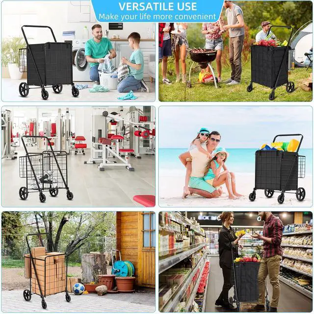 Alt view image 6 of 6 - Grocery Cart on Wheels with Removable Liner, Folding Shopping Cart,Heavy Duty Shopping Carts for Groceries,360° Rolling Laundry Cart,Lightweight Trolley for Seniors 220lb Capacity Black