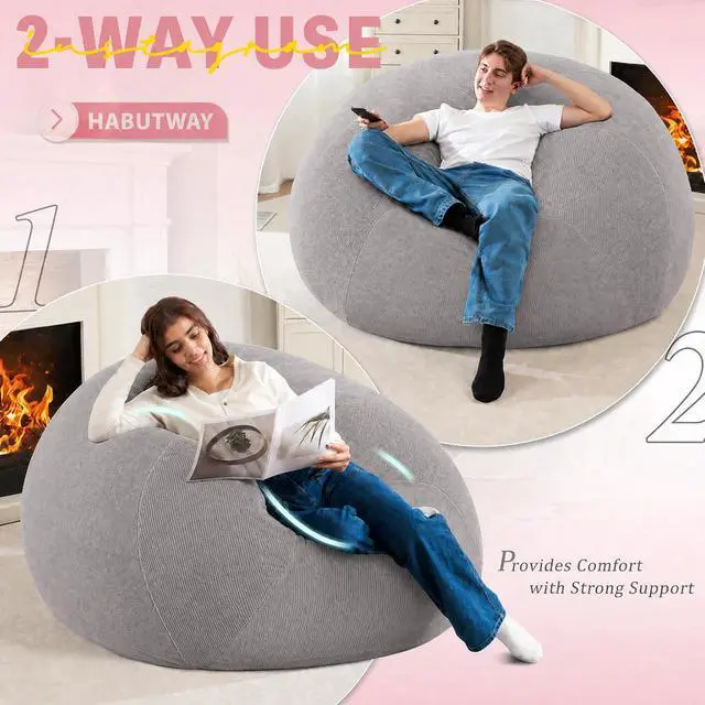 Alt view image 4 of 7 - 5FT Bean Bag Chair Teardrop Bean Bag Chairs for Adults beanbag with Memory Foam Filled with Dual-Tone Unique Combination Corduroy & Luxury Distressed Velvet Washable Cover,Velvet Light Grey