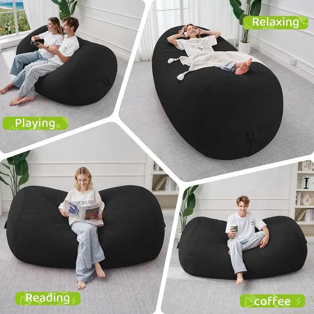 Alt view image 5 of 6 - Bean Bag Chair, 6FT Large Bean Bag Chair with Removable Cover, Comfy Beanbag Chair with Memory Foam Filling, Bean Bag Sofa for Living Room Bedroom Reading Room, Black