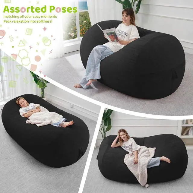 Alt view image 4 of 6 - Bean Bag Chair, 6FT Large Bean Bag Chair with Removable Cover, Comfy Beanbag Chair with Memory Foam Filling, Bean Bag Sofa for Living Room Bedroom Reading Room, Black