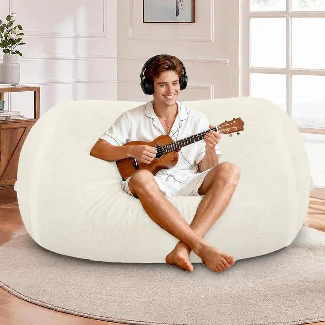 Alt view image 3 of 6 - 4FT Bean Bag Chair, Large BeanBag Chairs with Memory Foam Filled, Ultra-Soft Velvet with Portable Handle & Removable Cover, Comfy Bean Bag Sofa for Living Room, No Assembly - Whtie