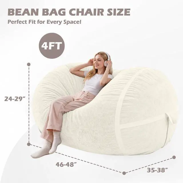 Alt view image 2 of 6 - 4FT Bean Bag Chair, Large BeanBag Chairs with Memory Foam Filled, Ultra-Soft Velvet with Portable Handle & Removable Cover, Comfy Bean Bag Sofa for Living Room, No Assembly - Whtie