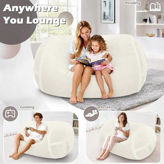 Alt view image 4 of 6 - 4FT Bean Bag Chair, Large BeanBag Chairs with Memory Foam Filled, Ultra-Soft Velvet with Portable Handle & Removable Cover, Comfy Bean Bag Sofa for Living Room, No Assembly - Whtie