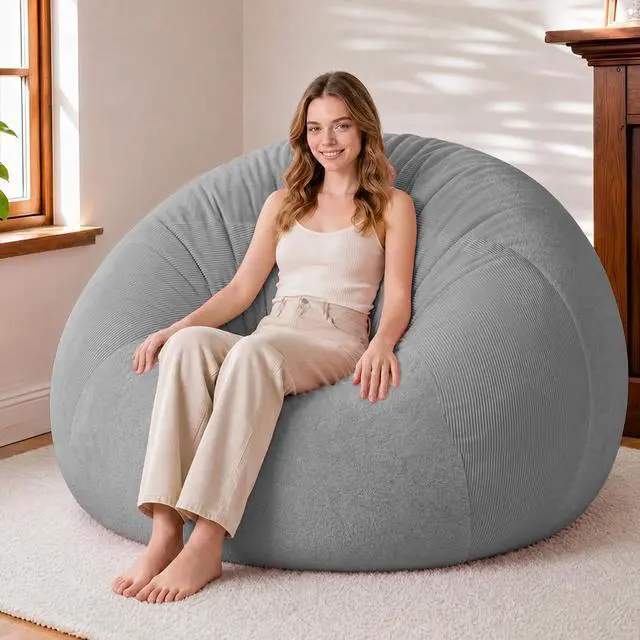 Main image of 5FT Bean Bag Chair Teardrop Bean Bag Chairs for Adults beanbag with Memory Foam Filled with Dual-Tone Unique Combination Corduroy & Luxury Distressed Velvet Washable Cover,Corduroy Light Grey