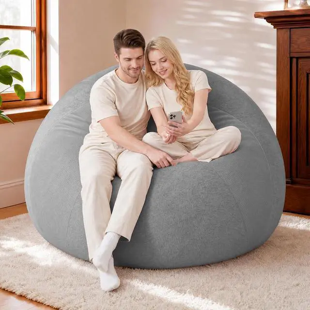 Alt view image 7 of 7 - 5FT Bean Bag Chair Teardrop Bean Bag Chairs for Adults beanbag with Memory Foam Filled with Dual-Tone Unique Combination Corduroy & Luxury Distressed Velvet Washable Cover,Corduroy Light Grey