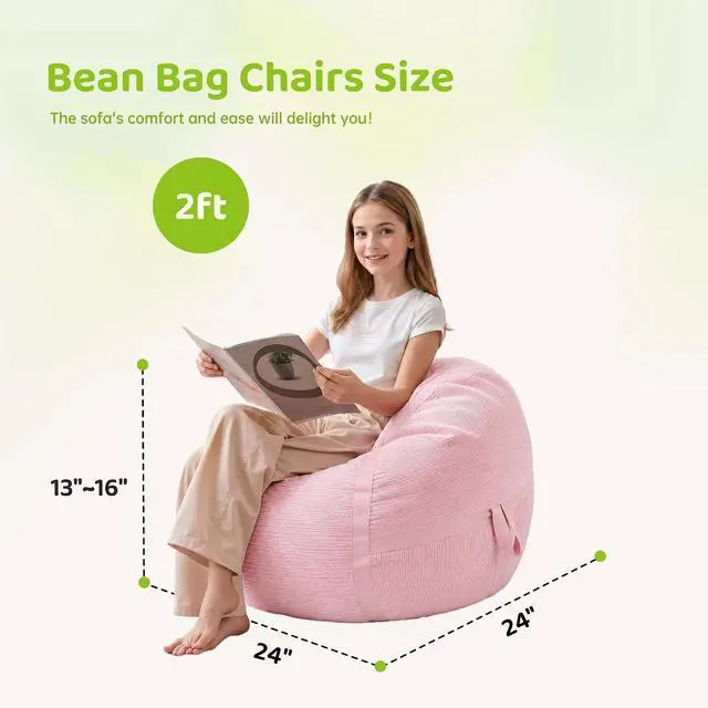 Alt view image 2 of 7 - Bean Bag Chair, 2FT Bean Bag Chairs with Memory Foam Filling, Small Beanbag Chairs with Portable Handle, Comfy Bean Bag Sofa for Living Room Bedroom Reading Room, Pink