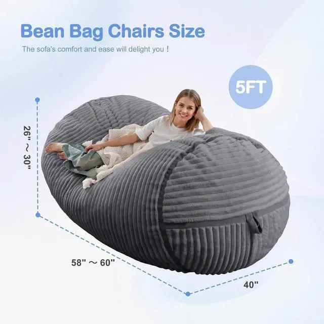 Alt view image 2 of 6 - Bean Bag Chair 5FT Giant Bean Bag Chairs for Adults with Memory Foam Filled,5'Beanbag Chair with Soft Faux Fur Cover,Comfy Bean Bag Sofa Lounger for Living Room,Game Room,Bedroom-Dark Grey