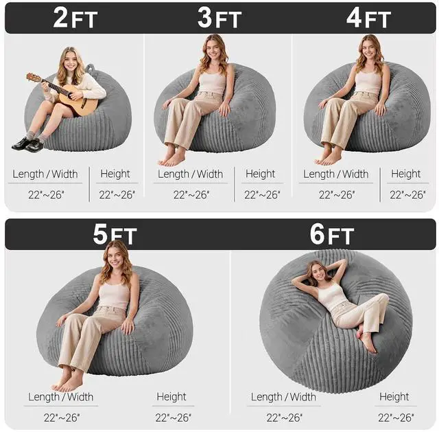 Alt view image 2 of 7 - 6FT Bean Bag Chairs Teardrop Bean Bag Chairs for Adults Beanbag Chair with Memory Foam Filled Soft Plush Leaf alongside Stripe Faux Fur Washable Cover for Dorm, Bedroom(Plush DGY)