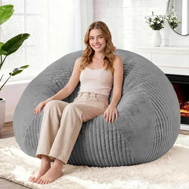 Main image of 5FT Bean Bag Chairs Teardrop Bean Bag Chairs for Adults Beanbag Chair with Memory Foam Filled Soft Plush Leaf alongside Stripe Faux Fur Washable Cover for Dorm, Bedroom(Plush DGY)