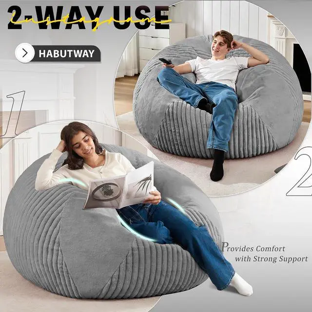 Alt view image 4 of 7 - 5FT Bean Bag Chairs Teardrop Bean Bag Chairs for Adults Beanbag Chair with Memory Foam Filled Soft Plush Leaf alongside Stripe Faux Fur Washable Cover for Dorm, Bedroom(Plush DGY)