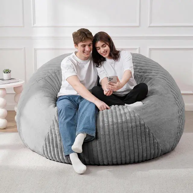 Alt view image 7 of 7 - 5FT Bean Bag Chairs Teardrop Bean Bag Chairs for Adults Beanbag Chair with Memory Foam Filled Soft Plush Leaf alongside Stripe Faux Fur Washable Cover for Dorm, Bedroom(Plush DGY)