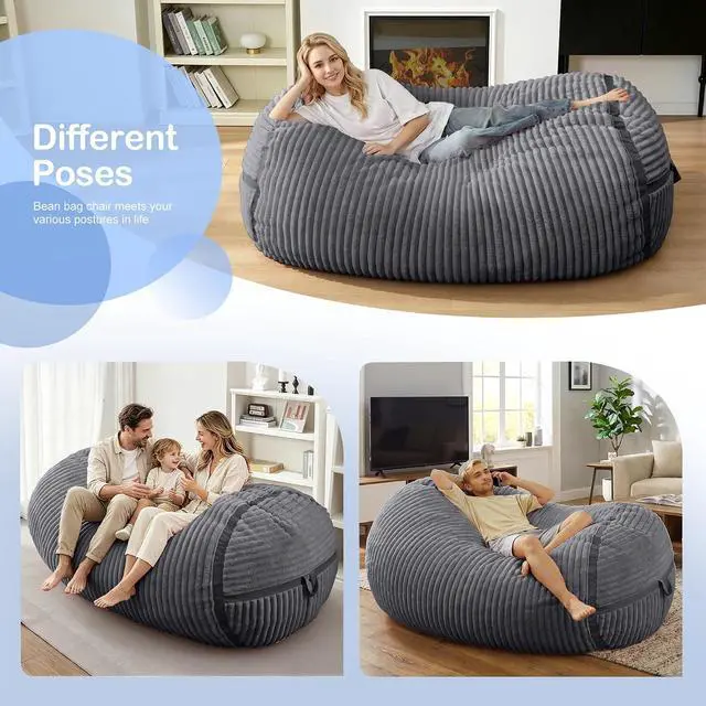 Alt view image 4 of 6 - Bean Bag Chair 5FT Giant Bean Bag Chairs for Adults with Memory Foam Filled,5'Beanbag Chair with Soft Faux Fur Cover,Comfy Bean Bag Sofa Lounger for Living Room,Game Room,Bedroom-Dark Grey