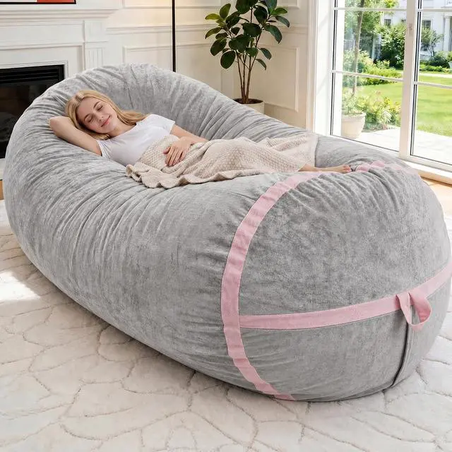 Main image of 6FT BeanBag Chair,Giant BeanBag Chairs with Memory Foam Filled, Ultra-Soft Velvet with Portable Handle & Removable Cover, Comfy BeanBag Sofa for Living Room, No Assembly - Light Grey & Pink