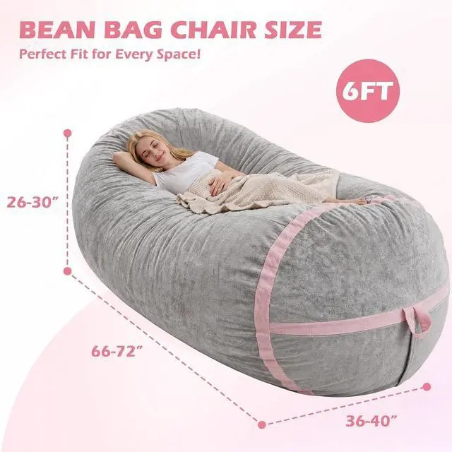Alt view image 2 of 6 - 6FT BeanBag Chair,Giant BeanBag Chairs with Memory Foam Filled, Ultra-Soft Velvet with Portable Handle & Removable Cover, Comfy BeanBag Sofa for Living Room, No Assembly - Light Grey & Pink