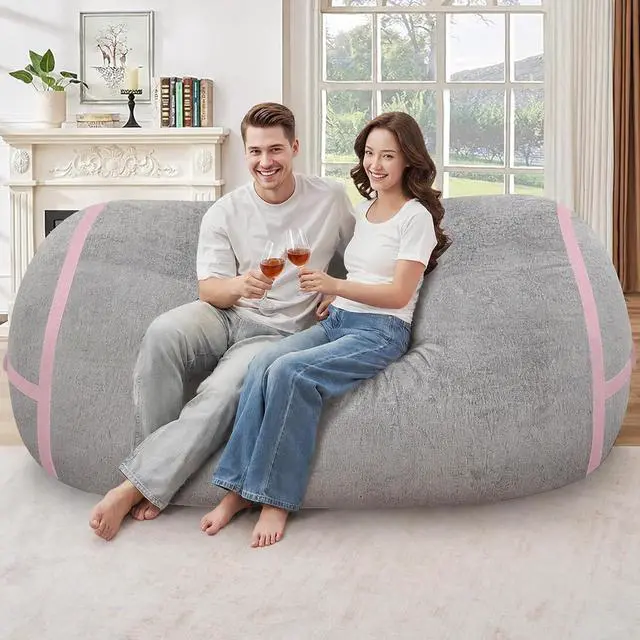 Alt view image 3 of 6 - 6FT BeanBag Chair,Giant BeanBag Chairs with Memory Foam Filled, Ultra-Soft Velvet with Portable Handle & Removable Cover, Comfy BeanBag Sofa for Living Room, No Assembly - Light Grey & Pink
