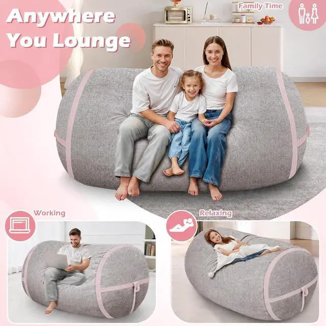 Alt view image 4 of 6 - 6FT BeanBag Chair,Giant BeanBag Chairs with Memory Foam Filled, Ultra-Soft Velvet with Portable Handle & Removable Cover, Comfy BeanBag Sofa for Living Room, No Assembly - Light Grey & Pink