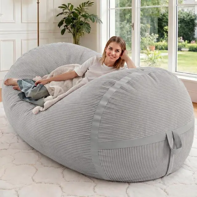 Main image of Bean Bag Chair, 5FT Giant Bean Bag Chair with Memory Foam, Ultra-Soft Corduroy Cover & Zipper Design, Portable Handle Comfy Bean Bag Sofa for Living Room, Bedroom, No Assembly - Light Grey