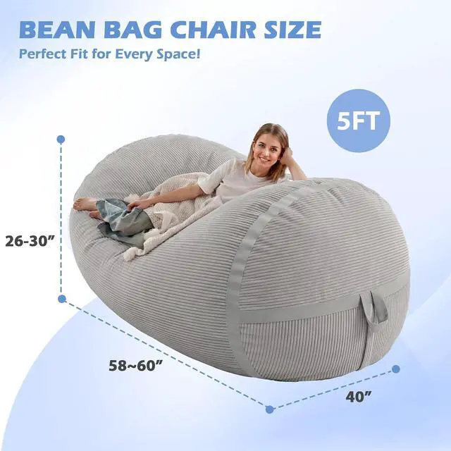 Alt view image 2 of 6 - Bean Bag Chair, 5FT Giant Bean Bag Chair with Memory Foam, Ultra-Soft Corduroy Cover & Zipper Design, Portable Handle Comfy Bean Bag Sofa for Living Room, Bedroom, No Assembly - Light Grey