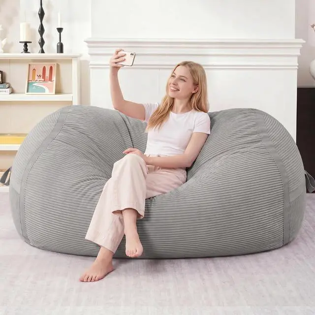 Alt view image 3 of 6 - Bean Bag Chair, 5FT Giant Bean Bag Chair with Memory Foam, Ultra-Soft Corduroy Cover & Zipper Design, Portable Handle Comfy Bean Bag Sofa for Living Room, Bedroom, No Assembly - Light Grey