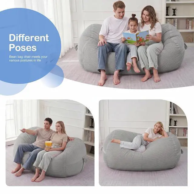 Alt view image 4 of 6 - Bean Bag Chair, 5FT Giant Bean Bag Chair with Memory Foam, Ultra-Soft Corduroy Cover & Zipper Design, Portable Handle Comfy Bean Bag Sofa for Living Room, Bedroom, No Assembly - Light Grey
