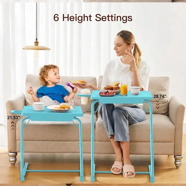 Alt view image 4 of 7 - Adjustable TV Tray Table - TV Dinner Tray with Cup Holder on Bed & Sofa, Comfortable Folding Table with 6 Height & 3 Tilt Angle Adjustments for Laptop (Azure)