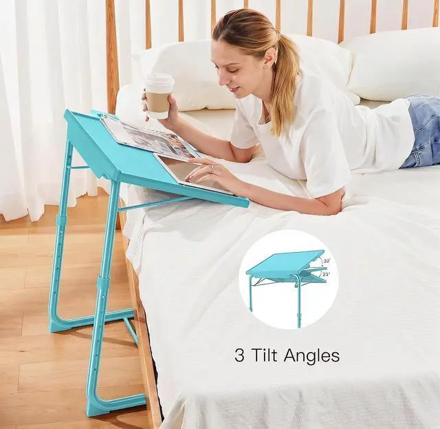Alt view image 5 of 7 - Adjustable TV Tray Table - TV Dinner Tray with Cup Holder on Bed & Sofa, Comfortable Folding Table with 6 Height & 3 Tilt Angle Adjustments for Laptop (Azure)